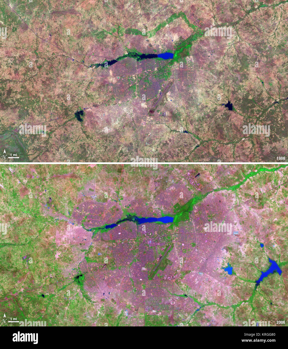 I paesi senza sbocco sul mare western nazione africana del Burkina Faso ha conosciuto un 200% di aumento della popolazione urbana tra 1975 e 2000. Come risultato, l'area della città capitale Ouagadougou è cresciuto di 14 volte durante questo periodo. Queste immagini Landsat mostrano l'espansione della città verso l'esterno dal suo centro nei due decenni tra il 1986 e il 2006. Il 9 novembre 18, 1986 Il satellite Landsat 5 satelliti acquisito questa immagine della capitale. Questa falsa immagine a colori mostra la vegetazione in shads di verde e grigio, acqua in varie tonalità di blu, e le aree urbane in rosa e viola. La pista di l'aeroporto della città può essere visto come una lunga Foto Stock