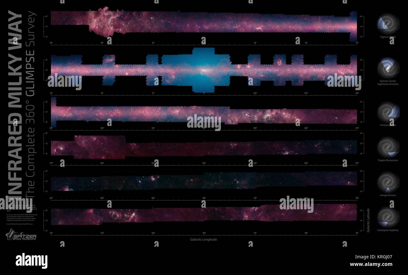 Quando si guardano la Via Lattea su una chiara notte oscura, potrai vedere una banda di stelle luminose inarcamento overhead. Questo è il piano del nostro appartamento galassia a spirale, entro il quale il nostro sistema solare si trova a. Un nuovo, zoomabili panorama dalla NASA il telescopio spaziale Spitzer ci mostra la nostra galassia del piano tutto intorno a noi in luce a infrarossi. La visione a 360 gradi del mosaico viene principalmente dalla scorcio360 progetto, che sta per eredità Galattica ad infrarossi Sondaggio Mid-Plane Extraordinaire. Esso è costituito da più di 2 milioni di copie istantanee in luce infrarossa oltre dieci anni con inizio nel 2003 quando Spitzer ha lanciato. La Milky Foto Stock