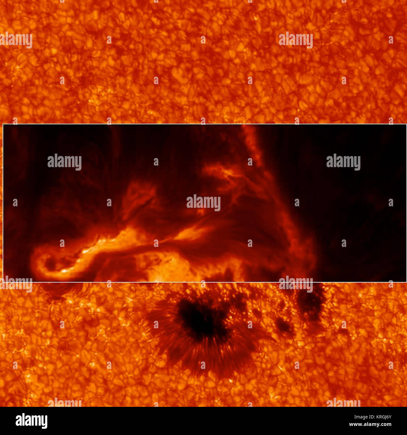 IBIS può concentrarsi su diverse lunghezze d'onda di luce e così rivelare livelli diversi a differenti altezze nella sun di bassa atmosfera, il chromosphere. Questa immagine mostra una regione leggermente superiore rispetto a quella precedente. Credito: Lucia Kleint (BAER Institute), Paul Higgins (Trinity College Dublin, Irlanda) -- Il 29 marzo 2014 il sole ha rilasciato un X-class flare. È stato osservato dalla NASA la regione di interfaccia spettrografo di imaging o IRIS; NASA Solar Dynamics Observatory, o SDO; NASA Reuven Ramaty High Energy Solar Spectroscopic Imager o RHESSI; i giapponesi di esplorazione aerospaziale dell agenzia Hino Foto Stock