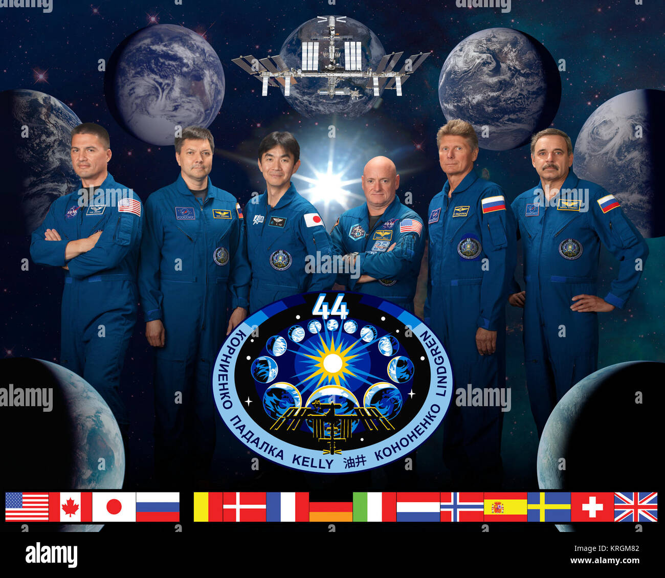 Spedizione ufficiale 44 ritratto dell'equipaggio. Soyuz 42 (Gennady Padalka, Mikhail Kornienko, Scott Kelly) e Soyuz 43 (Oleg Kononenko, Kimiya Yui e Kjell Lindgren). Expedition 44 equipaggio ritratto Foto Stock