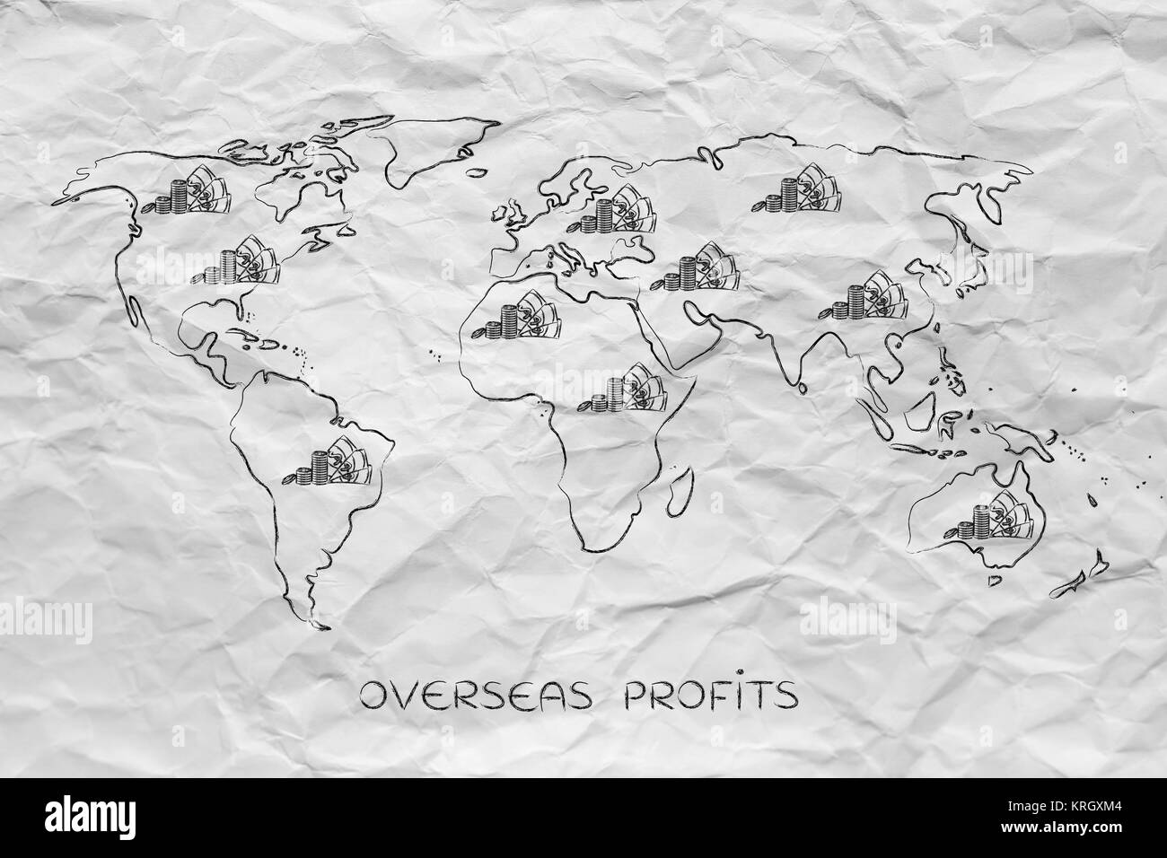 Mappa del mondo con i contanti, global finance e dei profitti aziendali Foto Stock