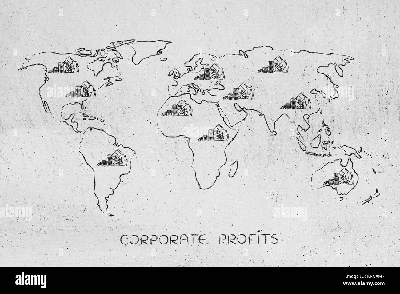 Mappa del mondo con i contanti, global finance e dei profitti aziendali Foto Stock