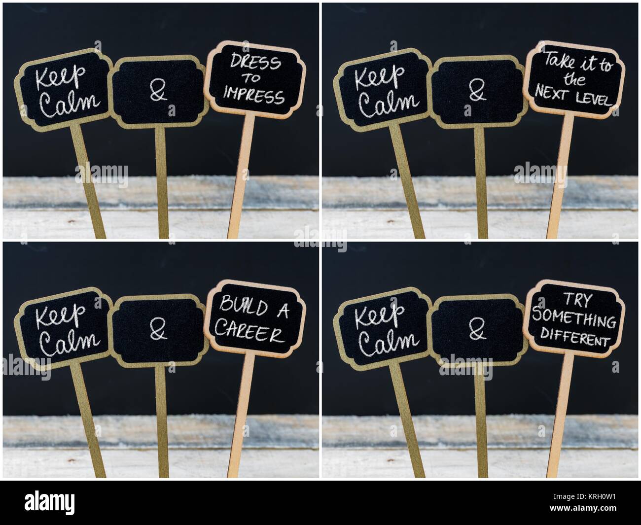Photo Collage di mantenere la calma messaggi scritti con gesso su mini etichette di Blackboard Foto Stock