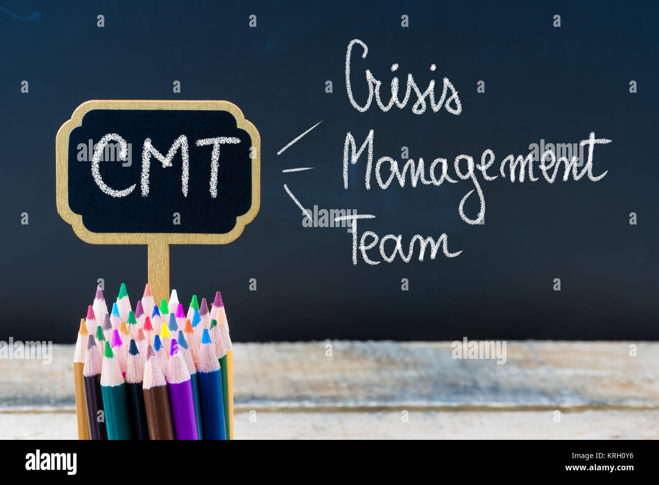 Acronimo di Business CMT il Team di gestione crisi scritto con un gessetto su legno mini etichette di Blackboard Foto Stock