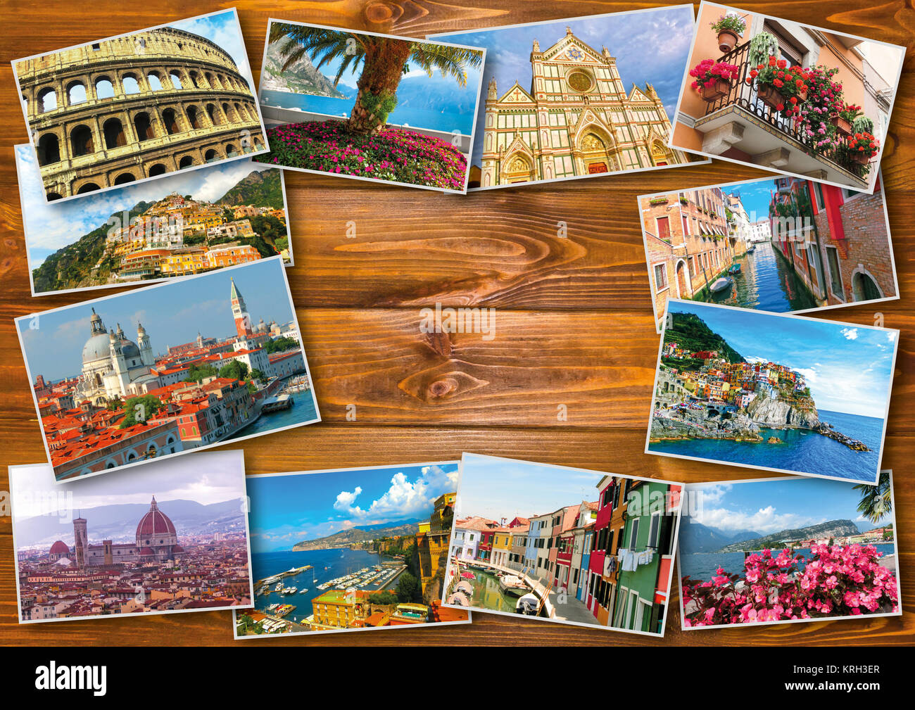 Collage di foto di Italia su sfondo di legno Foto Stock