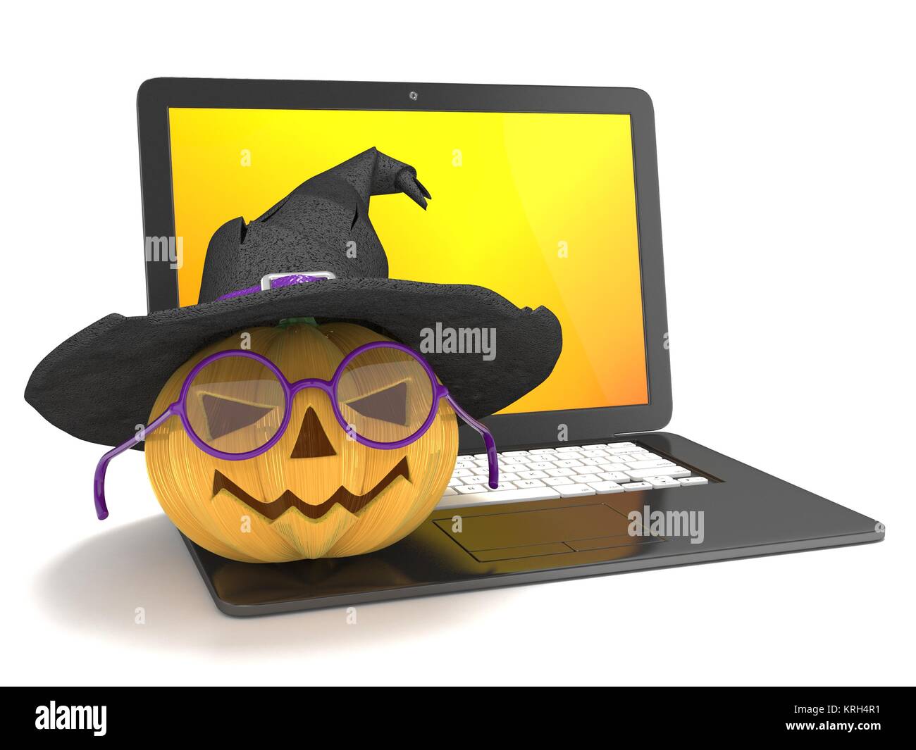 Computer portatile con divertenti Jack O lanterna e Halloween witch hat. 3D Foto Stock