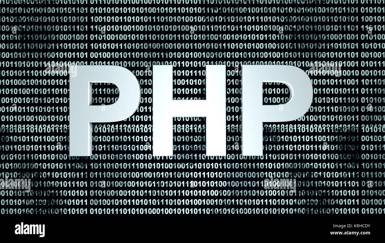 Un binario digitale sullo sfondo del codice con la sigla di PHP per il famoso linguaggio di codifica utilizzato su internet. Foto Stock