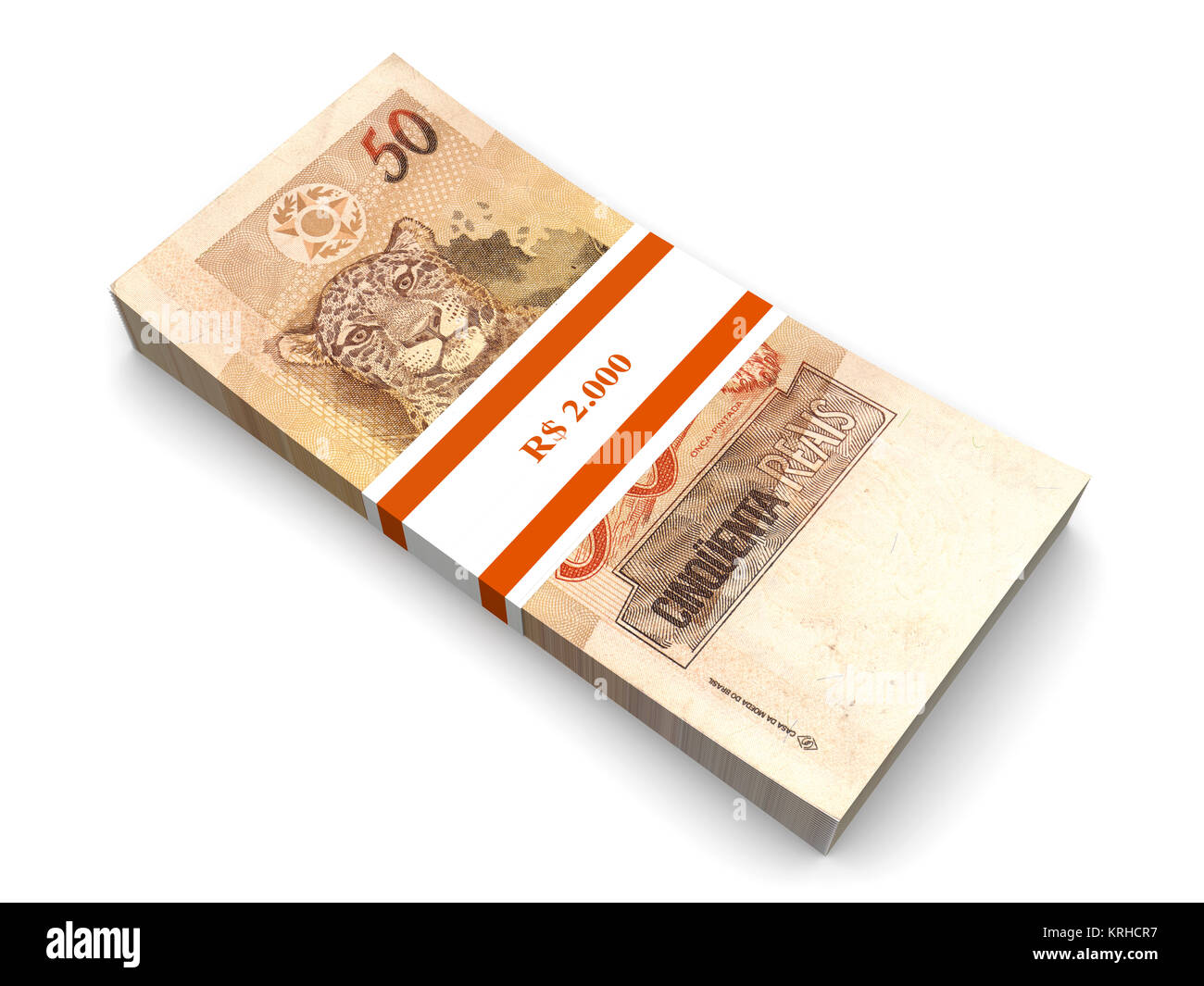 50 note reale. La valuta brasiliana. 3D reso illustrazione. Isolato su bianco. Foto Stock