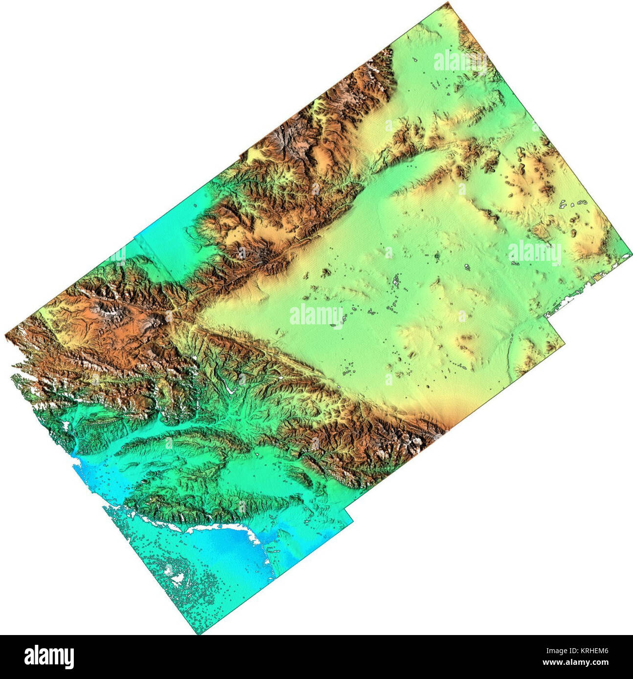 JSC2000-E-02741 PIA02719 (Data di rilascio: 18 febbraio 2000) --- quando gli scienziati hanno prima guardato a questa immagine, almeno uno è stato ascoltato per mutter, "Dal deserto alla montagna al mare." Questa immagine mostra in dettaglio che colpisce la topografia variata della California del Sud. I dati, che coprono una superficie una volta e mezza la dimensione del New Jersey, sono state acquisite in 15 secondi dallo Shuttle Radar Topography Mission (SRTM). La grande forma a V attraverso il centro dell'immagine è il punto di intersezione delle montagne innalzarsi lungo due difetti principali. Il San Andreas anomalia è la parte inferiore della 'V' e la ga Foto Stock