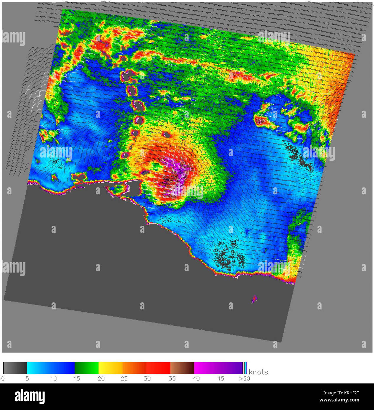 Quando NASA Quick Scatterometro (QuikScat) catturato questa immagine sulla luglio 13, 2005, Emily era a poche ore di distanza da diventare un uragano. La tempesta tropicale si stava avvicinando Trinidad con venti di 95 km/ora (60 miglia all'ora o 50 nodi) quando questa immagine è stata scattata a 5:05 p.m. Eastern Daylight Savings Time (21:05 UTC). L'immagine rivela la struttura della tempesta, con velocità del vento illustrato nel colore e nella direzione indicata da barbigli. La barbe bianche indicano le regioni di heavy rain. Sia il acquazzoni più pesante e più forti venti, mostrato in viola, sono appena ad est del centro della s Foto Stock