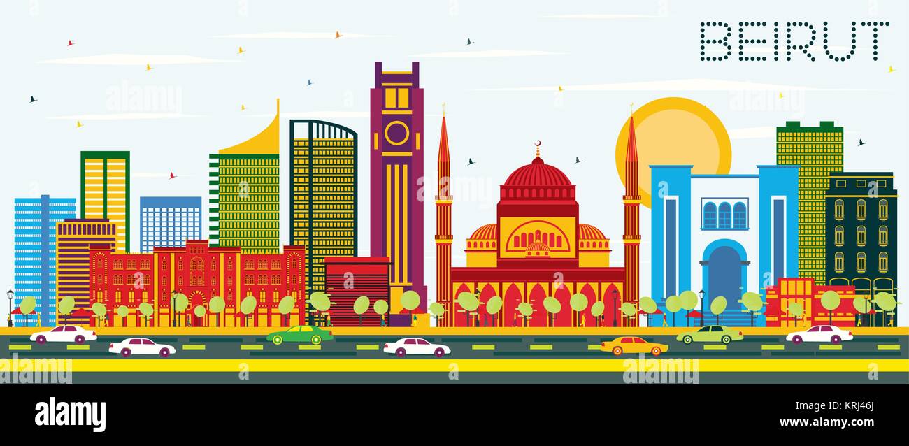 Beirut Libano Skyline con edifici di colore e cielo blu. Illustrazione Vettoriale. Viaggi di affari e di turismo con il concetto di architettura moderna. Illustrazione Vettoriale