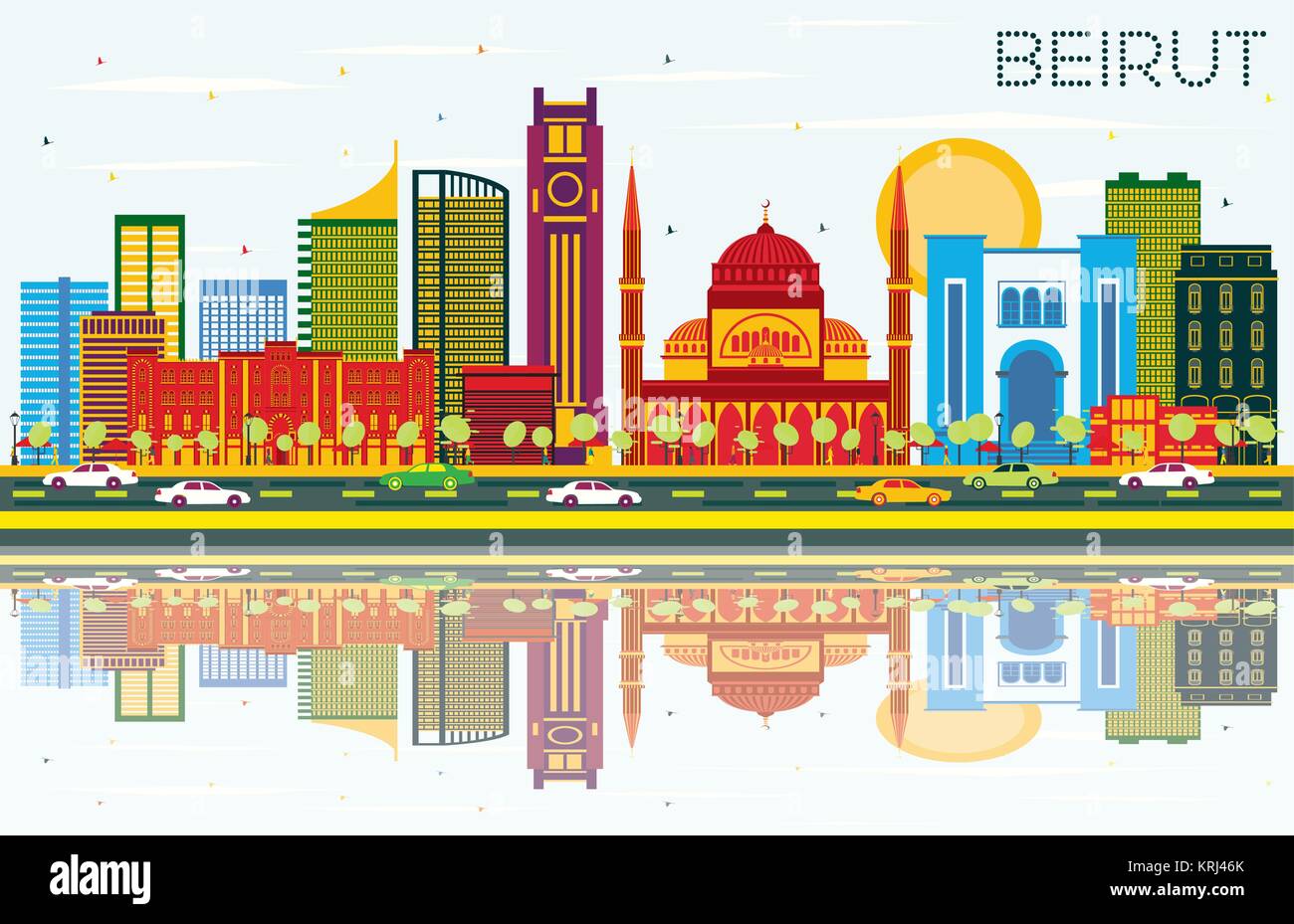Beirut Libano Skyline con edifici di colore, cielo blu e riflessi. Illustrazione Vettoriale. Viaggi di affari e turismo Concept Illustrazione Vettoriale