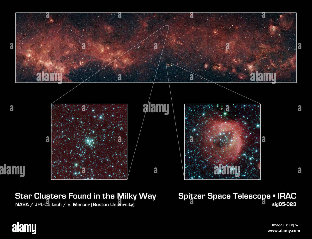 Una metropoli stellare di attività è catturato in queste immagini prese dalla eredità Galattica ad infrarossi Sondaggio Mid-Plane Extraordinaire (scorcio) Legacy project. L'immagine panoramica composito (top) cattura di 8 gradi della nostra Via Lattea del piano (circa la larghezza di un pugno trattenuto fino al cielo di un braccio di lunghezza). Il rosso di nubi di polvere sono stati illuminati dalla stella vicina formazione e indicano la presenza di grandi molecole organiche vengono miscelati con la polvere. I patch del nero sono densi, oscurando nubi di polvere impenetrabile da anche Spitzer del super-sensibile gli occhi a raggi infrarossi. Archi luminosi di bianco t Foto Stock