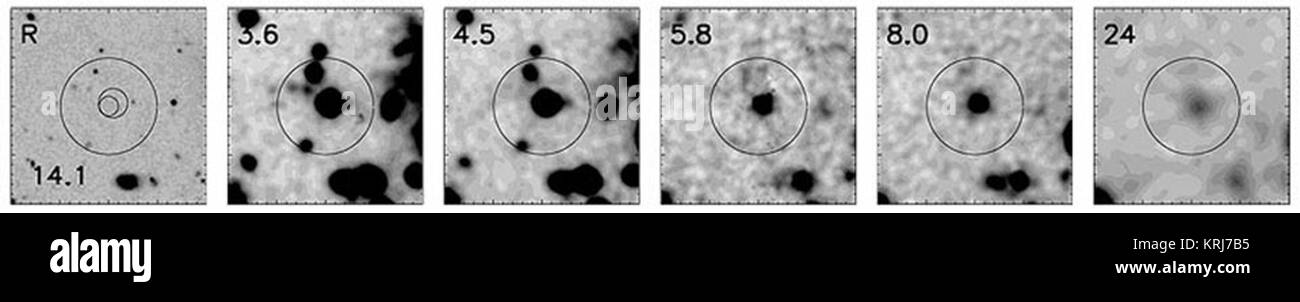 Questa serie di immagini profonde mostra il piccolo campo che circonda i più brillanti SCUBA galaxy (CUDSS 14.1) in questo studio a sei lunghezze d'onda. Da sinistra a destra, queste immagini sono state prese a, primo, R band utilizzando il telescopio Subaru, quindi 3.6, 4.5, 5.8, e 8.0 micron utilizzando IRAC, e infine a 24 micron utilizzando MIPS. Il cerchio indica l'area Ricerca per potenziali controparti per le immersioni di Galaxy. A 3,6 e 4,5 micron sono presenti più candidati. A lunghezze d'onda visibili, lo scuba galaxy è invisibile -- presumibilmente perché esso è schermato da dense nubi di polvere generata dal molto rapido a forma di stella Foto Stock