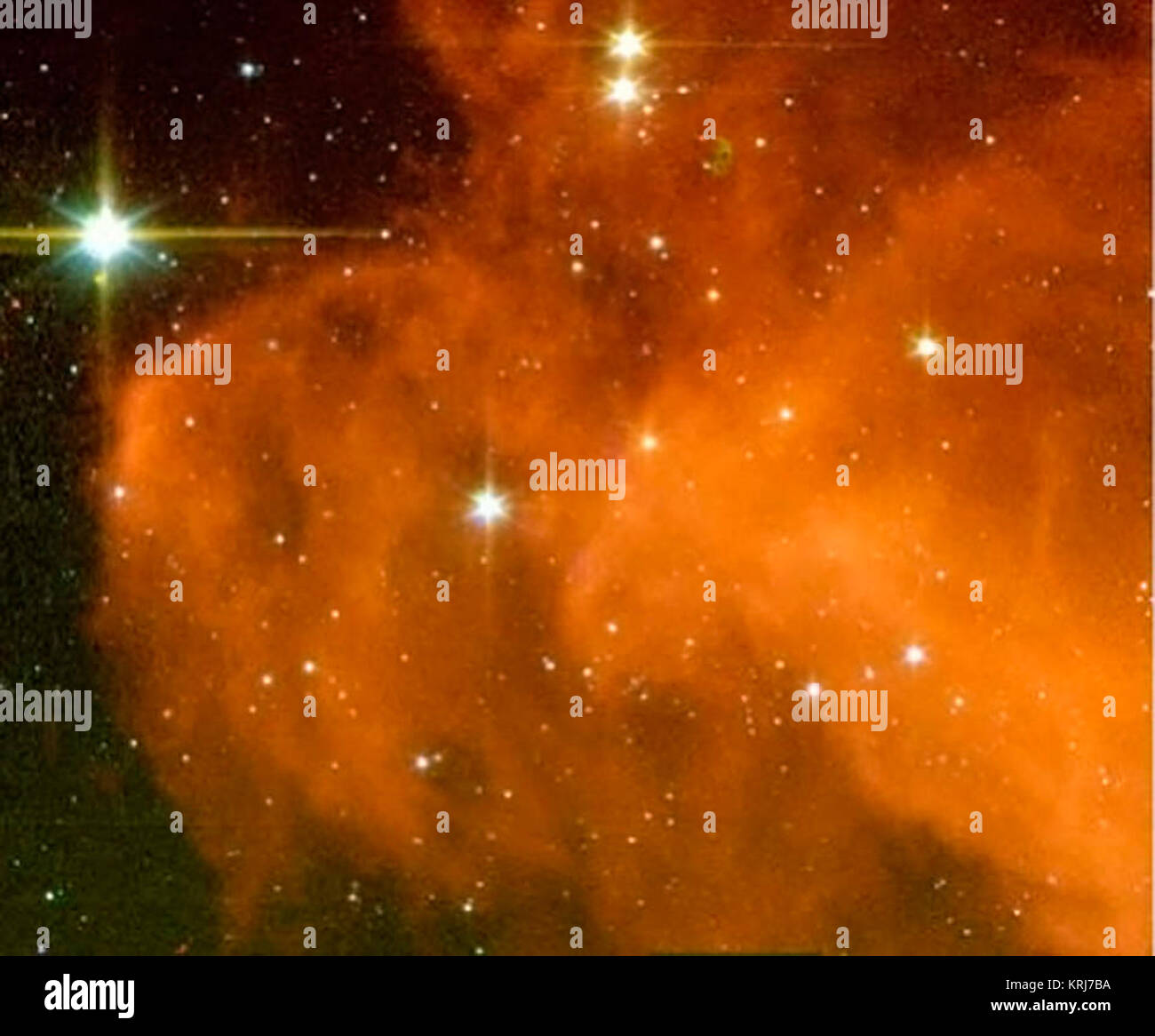 Otto centinaia di anni luce di distanza nella costellazione di Orione, una gigantesca nube oscura denominata "Strega Head Nebula' brulica di polvere-oscurato stelle neonate in attesa di essere scoperto. In questa immagine, il super sensibile gli occhi a infrarossi della NASA il telescopio spaziale Spitzer rivela 12 nuovo baby stelle in una piccola porzione del cloud a cui si fa comunemente riferimento come la strega della testa "mento appuntito." L'immagine è a quattro colori compositi dove il blu rappresenta 3,6 micron, verde rappresenta 4,5 micron, giallo è di 5,8 micron, e rosso è di 8.0 micron. Baby stelle della fabbricazione della birra in la Strega Head Nebula Foto Stock