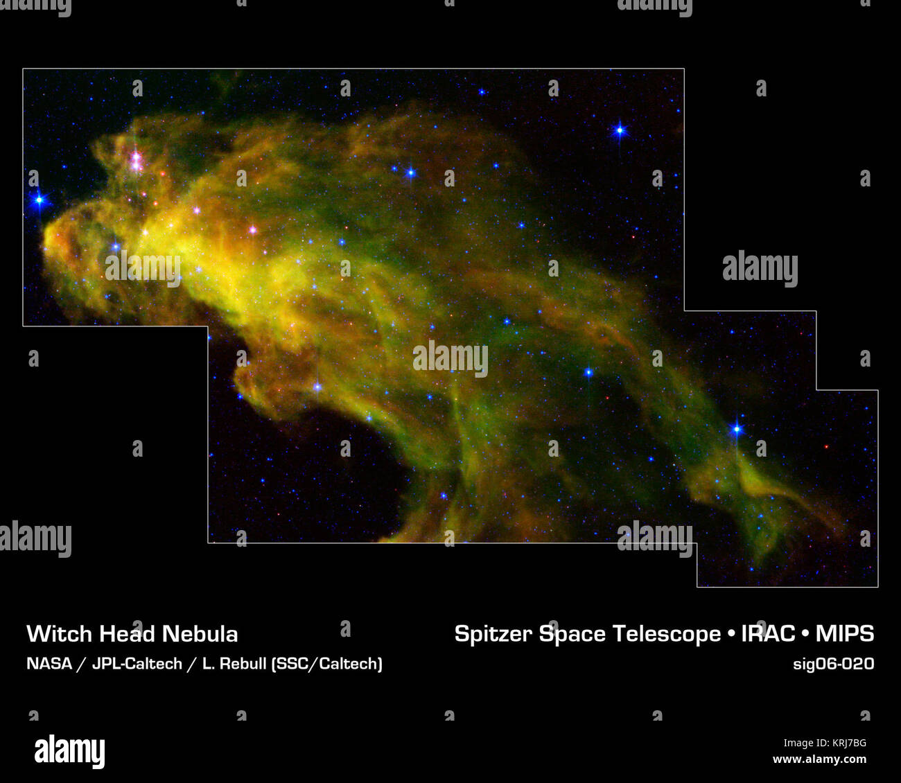 Otto centinaia di anni luce di distanza nella costellazione di Orione, una gigantesca nube oscura denominata "Strega testa' nebulosa è la produzione di birra baby stelle. La stellar neonati sono rivelati come punti rosa in questa immagine dalla NASA il telescopio spaziale Spitzer. I ciuffi di verde nel cloud sono ricchi in carbonio chiamato molecole di idrocarburi policiclici aromatici, i quali si trovano in area barbecue e nei gas di scarico delle automobili sulla terra. Questa immagine è stata ottenuta come parte del telescopio spaziale Spitzer Programma di ricerca per gli insegnanti e per gli studenti, con la partecipazione di alta scuola gli insegnanti e i loro studenti provenienti da tutti gli Stati Uniti. Il infrar Foto Stock
