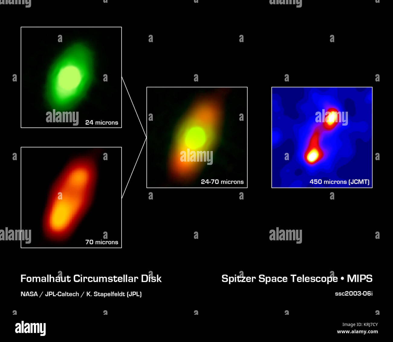 La NASA il telescopio spaziale Spitzer ha ottenuto le prime immagini a infrarossi del disco di polvere che circonda Fomalhaut, la diciottesima stella più brillante nel cielo. I pianeti sono creduti per formare da un tale disco appiattito-come la nube di gas e polvere in orbita intorno a una stella molto presto nella sua vita. Il telescopio Spitzer è stato progettato in parte per lo studio di questi dischi circumstellare, dove le particelle di polvere vengono così freddo che si irradiano principalmente a lunghezze d'onda infrarosse. Si trova nella costellazione Piscis Austrinus, la stella madre e il suo presunto sistema planetario si trovano ad una distanza di 25 anni-luce. Venti anni fa, t Foto Stock