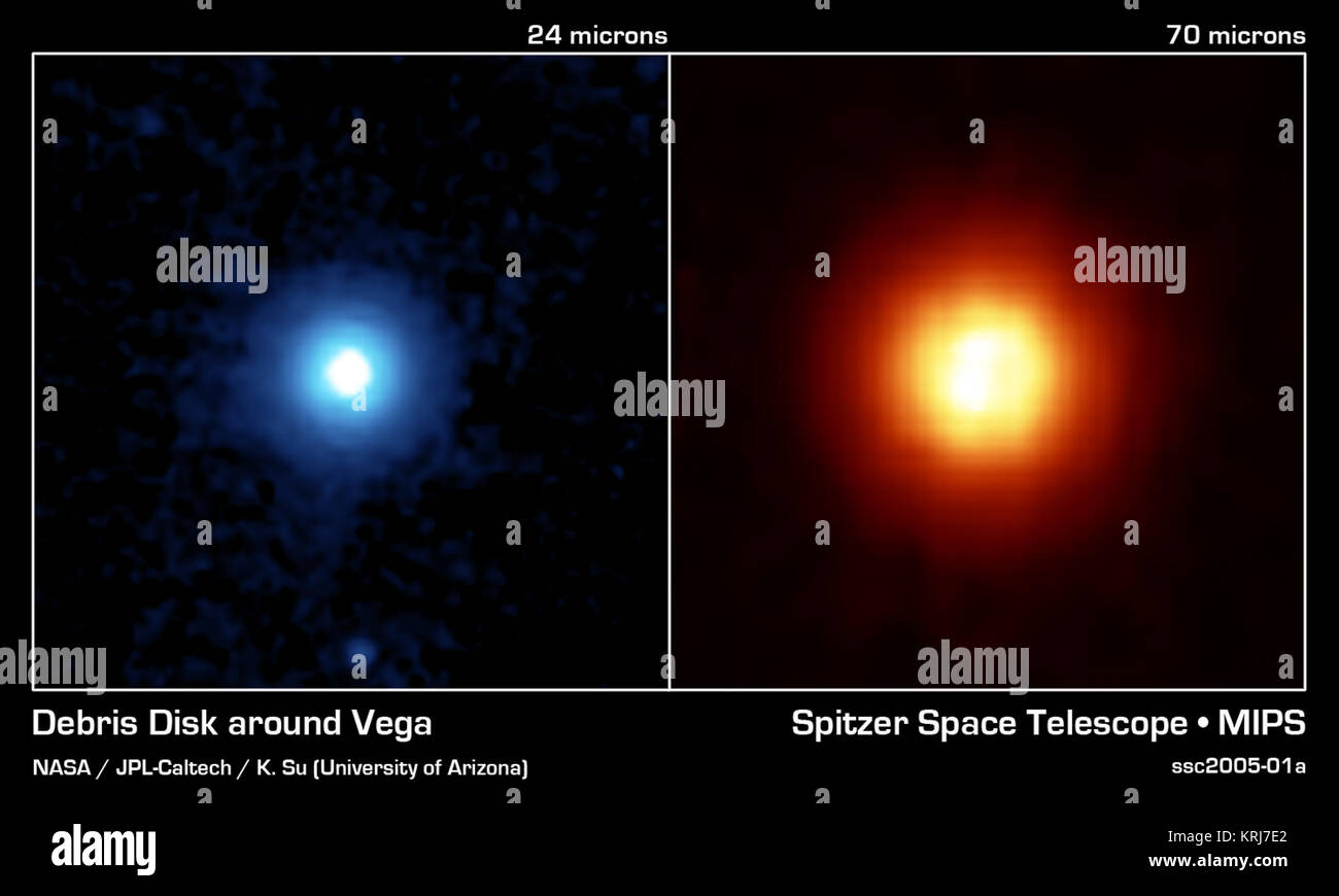 NASA il telescopio spaziale Spitzer ha recentemente acquisito queste  immagini della stella Vega, situato a 25 anni luce di distanza nella  costellazione Lyra. Spitzer è stato in grado di rilevare la radiazione