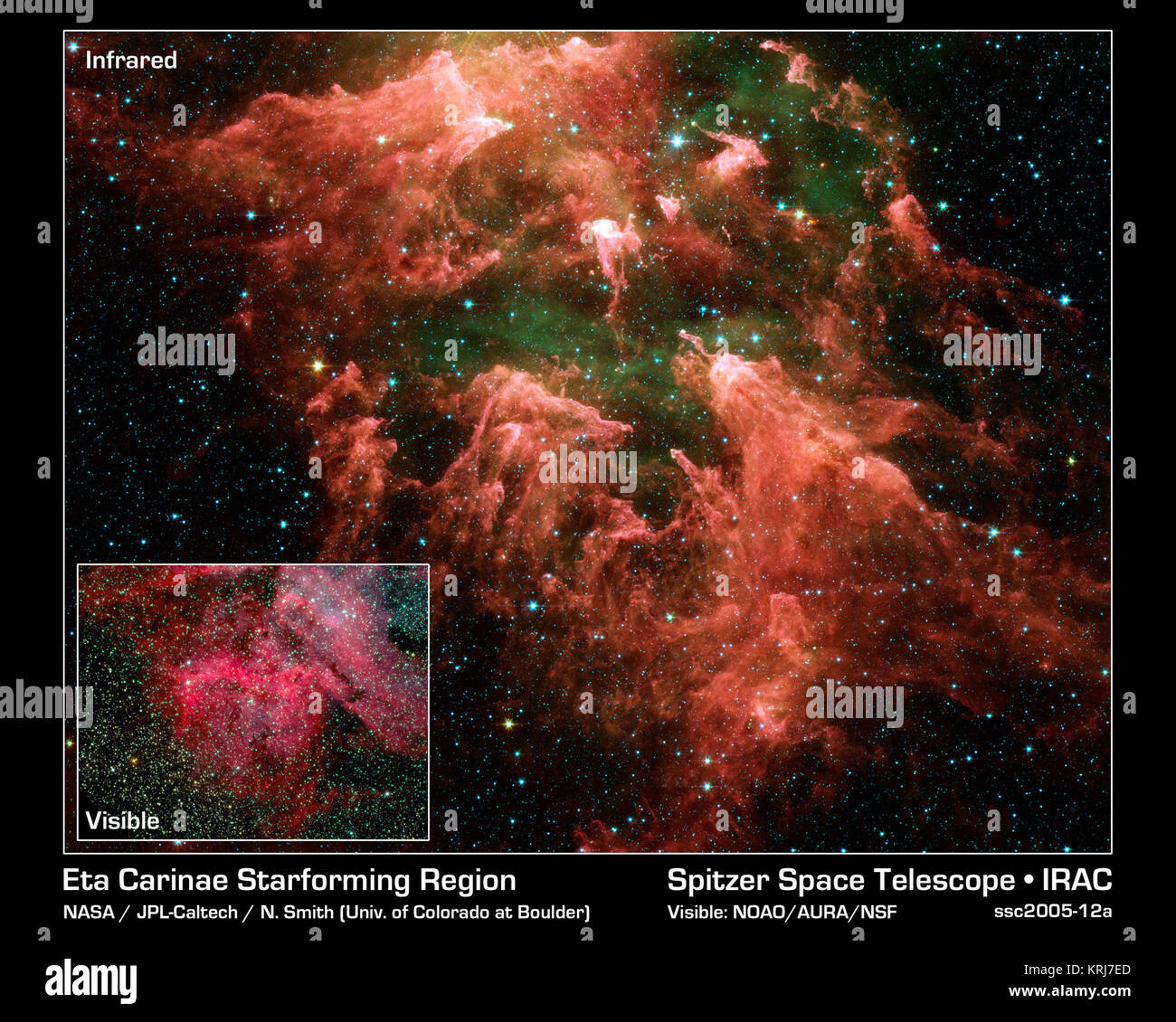 Questa falsa immagine a colori presi dalla NASA il telescopio spaziale Spitzer mostra il "Sud pilastro " regione di star-regione di formatura chiamato Carina Nebula. Cracking come aprire un cocomero e trovare i suoi semi, il telescopio ad infrarossi 'busted apri' questo oscuro cloud a rivelare star embrioni (giallo o bianco) nascosto all'interno di finger-come colonne di polvere densa (rosa). I gas caldi sono verdi e stelle di primo piano sono blu. Non tutte le stelle ritrovata gli embrioni possono essere facilmente individuato. Sebbene la nebulosa più famosi e stella massiccia, Eta Carinae, è troppo luminoso per essere osservate da telescopi a raggi infrarossi, la verso il basso-strea Foto Stock