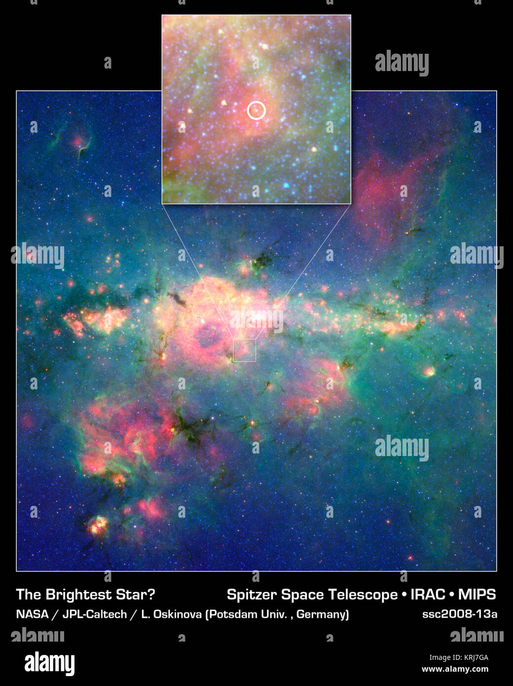 Se la nostra galassia, la Via Lattea, erano per ospitare la propria versione delle Olimpiadi, il titolo per la più brillante stella noti sarebbe andare a una stella massiccia chiamato Eta carina. Tuttavia un nuovo runner-up -- ora la seconda stella più brillante nella nostra galassia -- è stato scoperto nella galassia polveroso e delirante interni. Questa immagine dalla NASA il telescopio spaziale Spitzer mostra la nuova medaglia di argento, cerchiato nel riquadro al di sopra della regione centrale della nostra Via Lattea. Soprannominato il "Peonia nebula' star, questa sfera sfolgorante di gas brilla della luce equivalente di 3,2 milioni di soli. Il regnante champ, Eta Carina, produce t Foto Stock