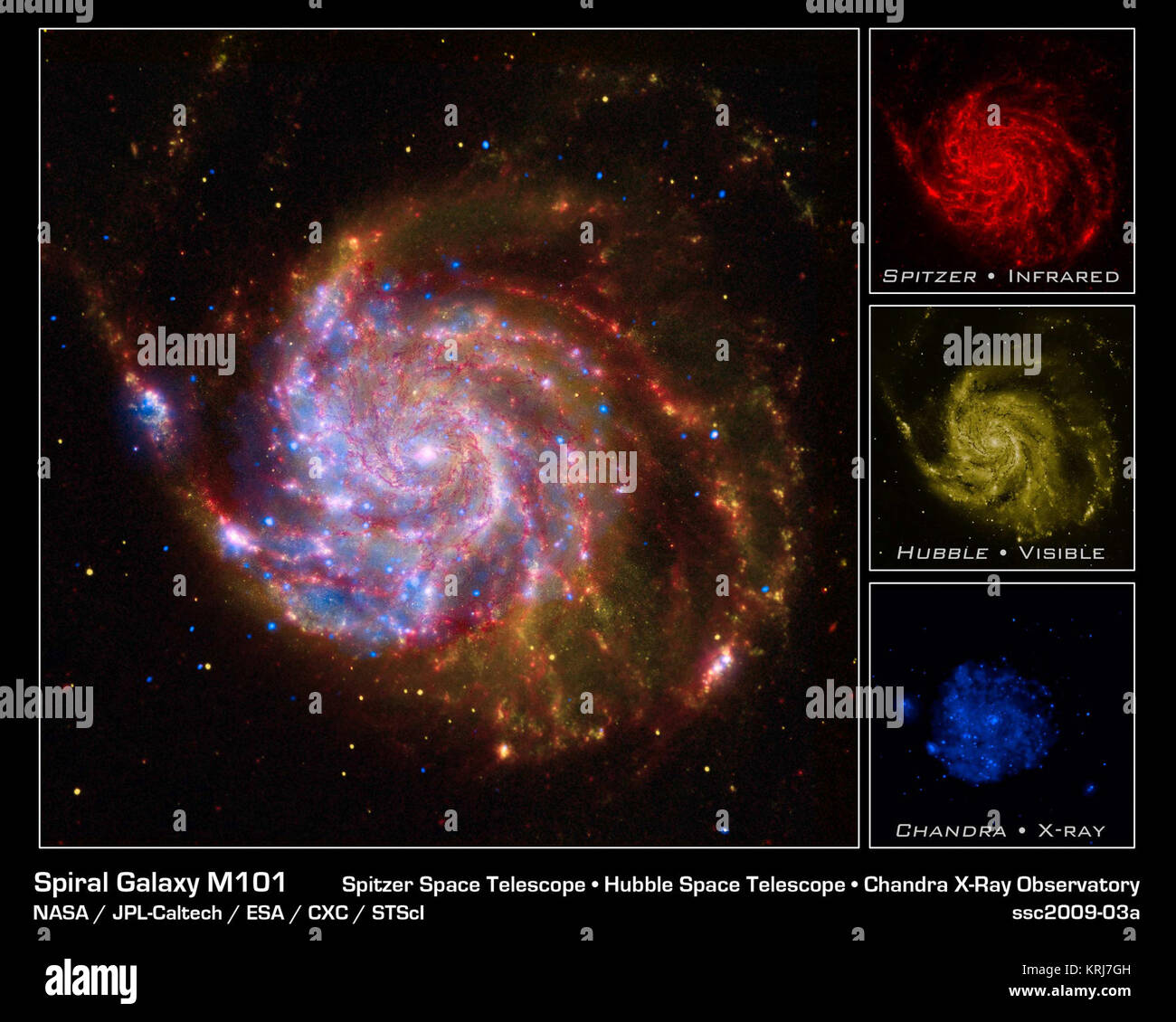 Nel 1609, Galileo migliorato il nuovo telescopio inventato, rivolta verso il cielo e ha rivoluzionato la nostra visione dell'universo. Nella celebrazione del quattrocentesimo anniversario di questa pietra miliare, il 2009 è stato designato come l'Anno Internazionale dell'astronomia. Oggi, NASA grandi osservatori sono in continua di Galileo con legacy immagini sorprendenti e una rivoluzionaria scienza dal Telescopio Spaziale Hubble e il telescopio spaziale Spitzer e l'osservatorio a raggi X Chandra. Mentre Galileo osservava il cielo utilizzando luce visibile visto dall'occhio umano, la tecnologia ora ci permette di osservare in molte lunghezze d'onda, inc Foto Stock