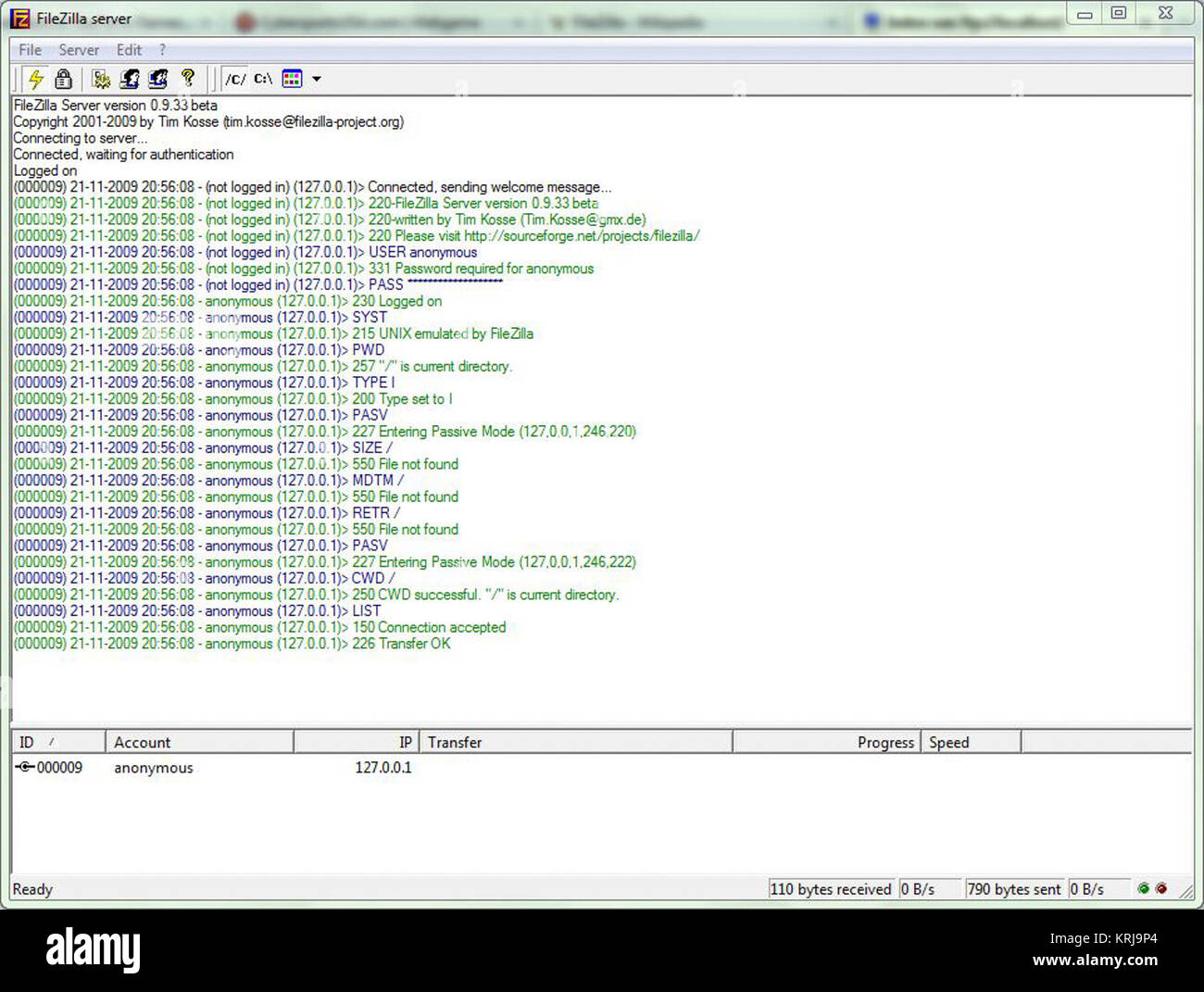 Sessione FTP in FileZilla Server Foto Stock