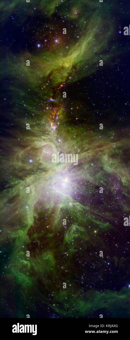 Una colonia di caldo e le giovani stelle è agitazione fino la scena cosmica in questa nuova immagine dalla NASA il telescopio spaziale Spitzer. L'immagine mostra la nebulosa di Orione, un luogo di avvenimenti dove nascono le stelle. Le giovani stelle dip e il picco di luminosità a causa di una varietà di ragioni. Il cambio a caldo e a freddo macchie sulle stelle' superfici determinano i livelli di luminosità per modificare, in aggiunta ai dischi circostante di lumpy pianeta-formatura di materiale in grado di ostruire Starlight. Spitzer è mantenere le linguette sui giovani stelle, fornendo dati sulla loro mutevoli modi. Le stelle più calde della regione, chiamato trapezio cluster sono br Foto Stock