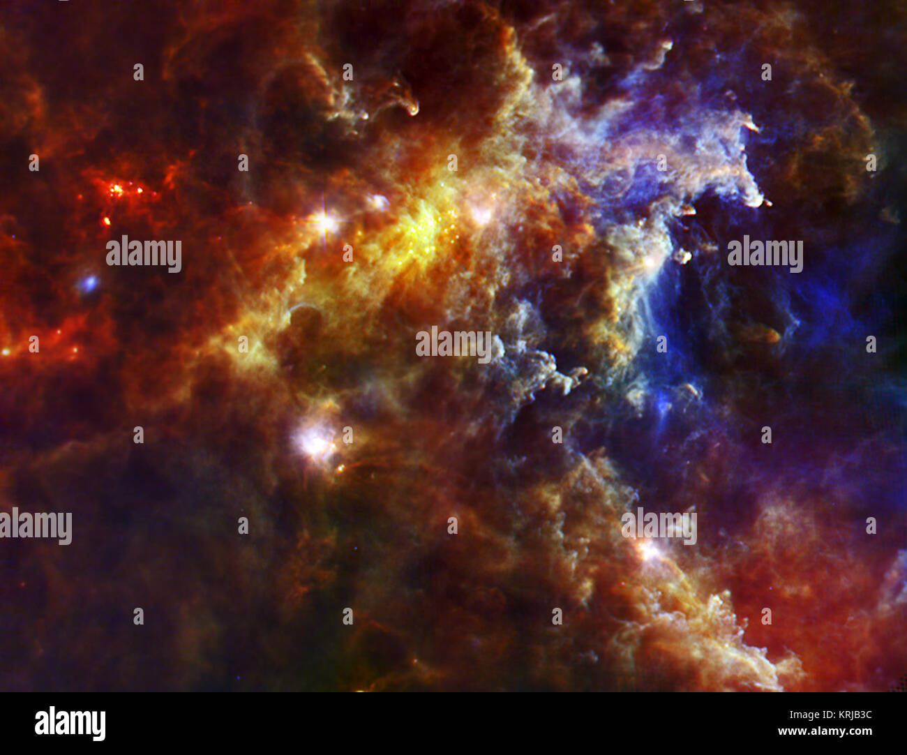 Questa immagine da l'Osservatorio spaziale Herschel mostra la maggior parte il cloud associato con la Rosetta nebula, un vivaio stellare circa 5 mila anni luce dalla Terra in Monoceros o Unicorn, costellazione. Herschel raccoglie la luce ad infrarosso emessa dalla polvere. Le macchie luminose sono polverosi bozzoli contenenti massicce stelle embrionale, che crescerà fino a dieci volte la massa del nostro sole. I piccoli punti vicino al centro dell'immagine sono di massa inferiore di embrioni stellare. La nebulosa rosetta stessa e la sua massiccia cluster di stelle, è situato a destra dell'immagine. Questa immagine è un tre colori compositi Foto Stock