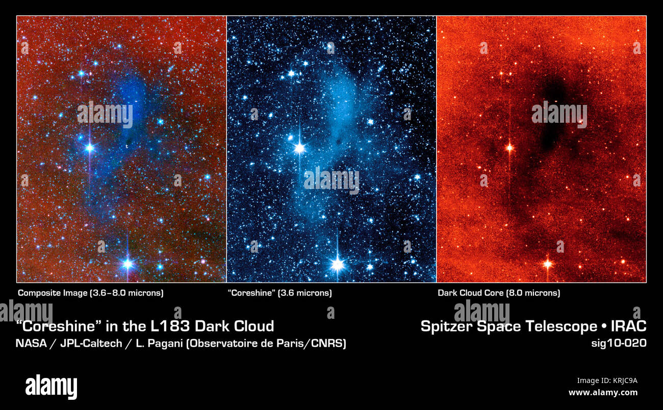 Questa serie di immagini dalla NASA il telescopio spaziale Spitzer mostra una massa scura di gas e polvere, chiamato un nucleo, dove le nuove stelle e pianeti è probabile che la molla verso l'alto. L'immagine sulla destra mostra il nucleo come si vede a lunghezze d'onda di luce a infrarossi (8 micron); quando vista a questa lunghezza d'onda, il core appare scura. L'immagine di mezzo mostra il nucleo come si vede in una più corta lunghezza d'onda a infrarossi (3,6 micron). In questa vista, il nucleo si accende perché è deviare starlight da stelle vicine. Questa luce inattesa, chiamato coreshine, racconta gli astronomi che la polvere che compongono il nucleo deve essere più grande Foto Stock