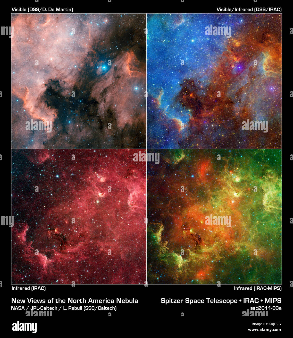 Questo formato di immagine rivela come l'aspetto dell'America del nord Nebula può cambiare drasticamente utilizzando diverse combinazioni di infrarosso e visibile di osservazioni del cielo digitalizzata sondaggio e NASA il telescopio spaziale Spitzer, rispettivamente. In questa progressione, la luce visibile (visualizzazione in alto a sinistra) mostra una sorprendente somiglianza con il Nord America continente. L'immagine mette in evidenza la costa orientale e il Golfo del Messico regioni. La regione rossa a destra è noto come il " Pelican nebula,' dopo la sua somiglianza di luce visibile per un pellicano. La vista in alto a destra include sia visibile e inf Foto Stock