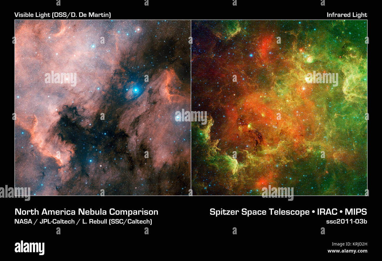 Questo formato di immagine confronta visibile (sinistra) e vista a raggi infrarossi dell'America del nord Nebula, prese dalla digitalizzazione Sky Survey e NASA il telescopio spaziale Spitzer, rispettivamente. La nebulosa è chiamato dopo la sua somiglianza con il Nord America contenuto in luce visibile. Questa vista visibile mette in evidenza la costa orientale e il Golfo del Messico regioni. In luce a infrarossi, il continente scompare. Il 'Mexican Riviera' --- la costa occidentale del Messico -- sembra invertito la texture e la luminosità, come fa il "collo" regione del Pelican nebula, chiamato per la sua somiglianza con un pellicano. Questa nebulosa che può essere visto a t Foto Stock