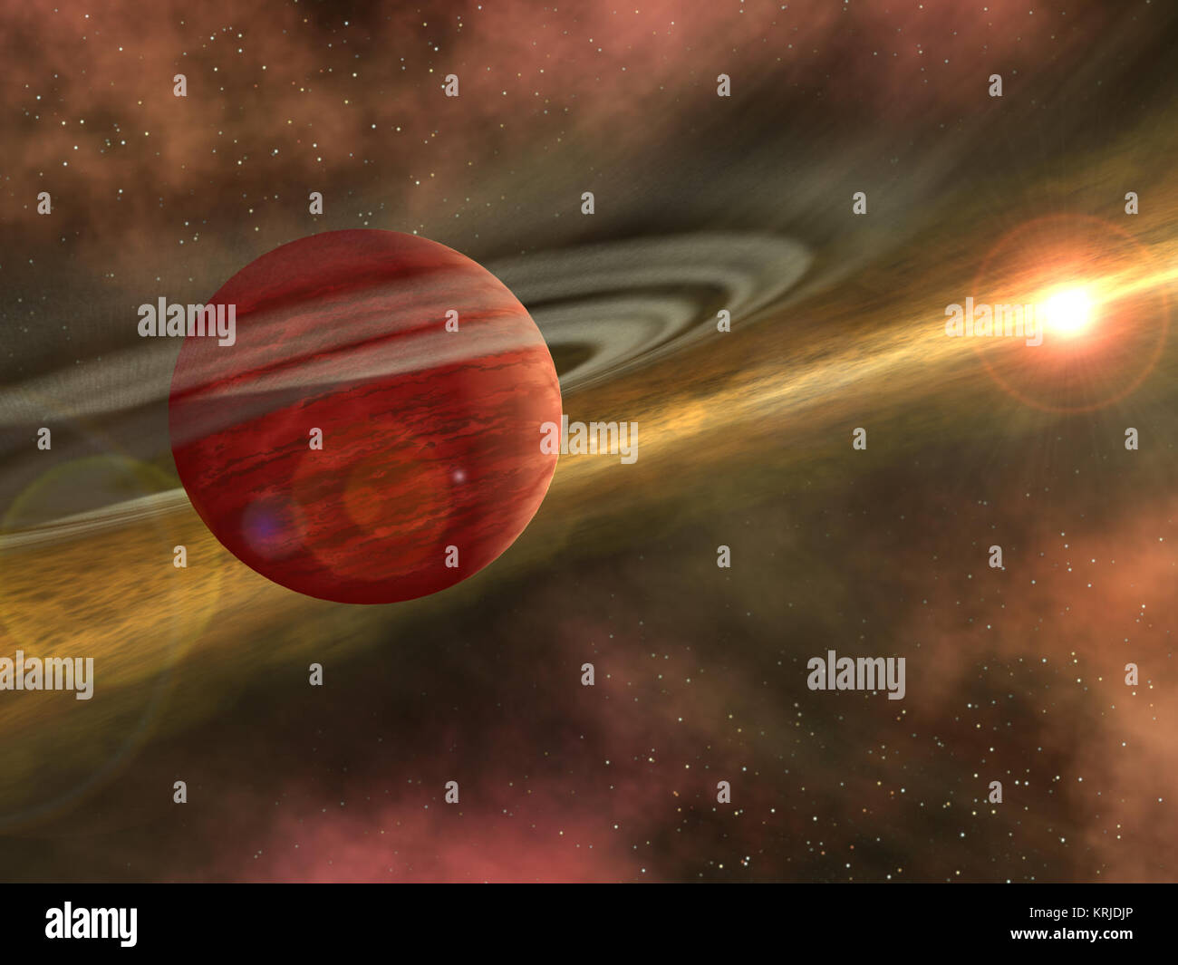 In questo artista della concezione, una possibile ritrovata pianeta gira attraverso una compensazione in una stella vicina il polveroso, planet-disco di formatura. Questa compensazione è stata rivelata attorno alla stella CoKu Tau 4 dalla NASA il telescopio spaziale Spitzer. Gli astronomi ritengono che un massiccio orbitante corpo, come un pianeta, maggio hanno spazzato via la stella del materiale del disco, lasciando un foro centrale.Il pianeta possibile è teorizzato da almeno enorme come Giove, e potrebbe avere un aspetto simile a quello che il gigante dei pianeti nel nostro sistema solare sembrava miliardi di anni fa. Un grazioso anello, molto simile di Saturno, gira in alto sopra il Foto Stock