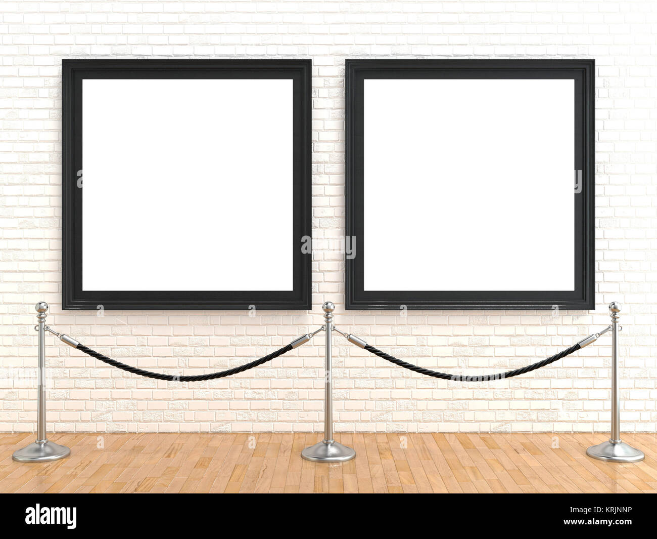Due blank picture frame su un muro di mattoni, con supporto corda barriere, 3D Foto Stock