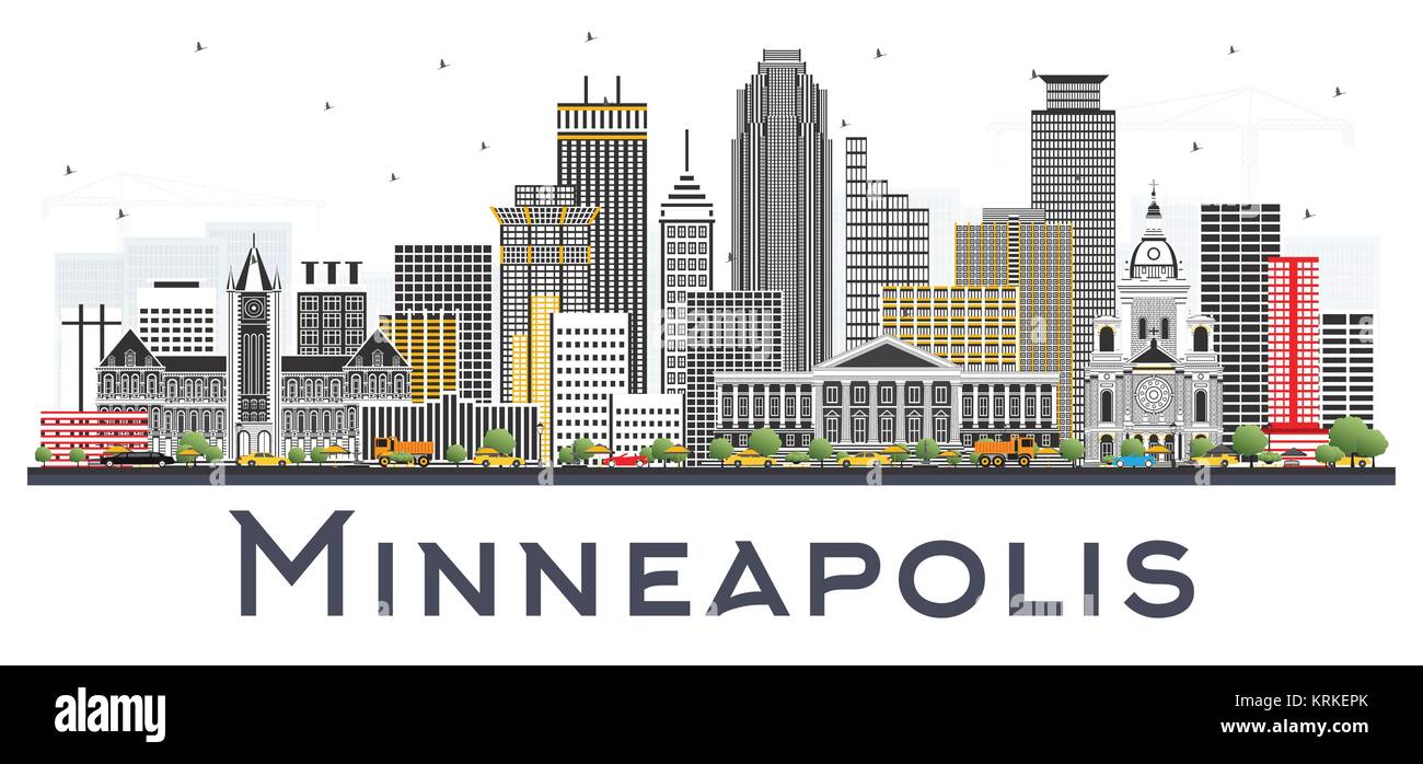 Minneapolis Minnesota USA Skyline con edifici di colore isolato su sfondo bianco. Illustrazione Vettoriale. Viaggi di affari e turismo Concept Illustrazione Vettoriale