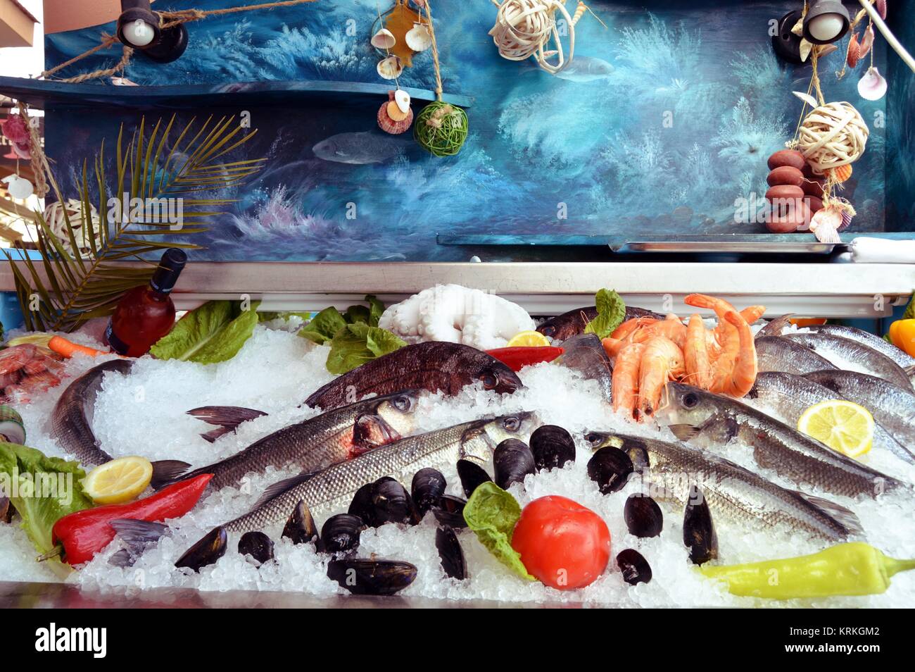 Espositori di pesci e frutti di mare. Foto Stock