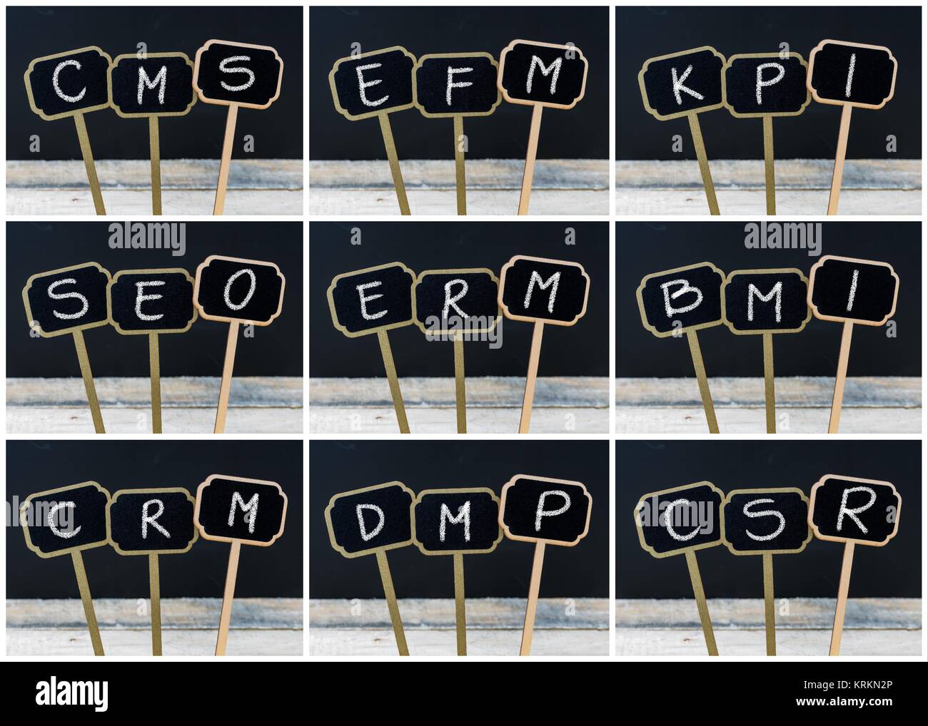 Photo Collage di business degli acronimi scritto con un gessetto su legno mini etichette di Blackboard Foto Stock