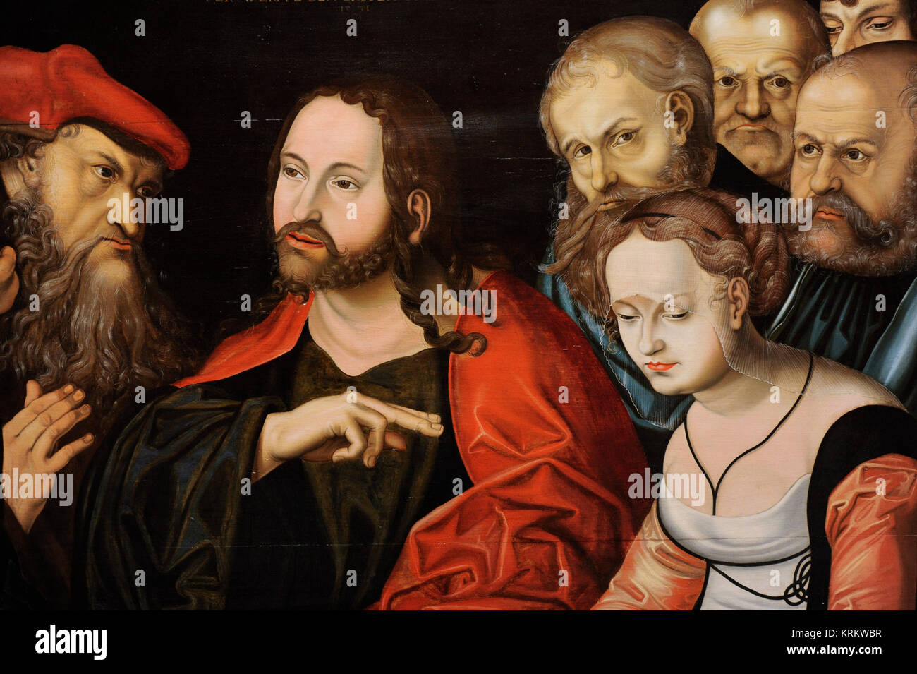 Seguace di Lucas Cranach il Vecchio (XVI secolo). Cristo e la donna presa in adulterio, 1531. Dettaglio. Galleria Nazionale. Oslo. La Norvegia. Foto Stock