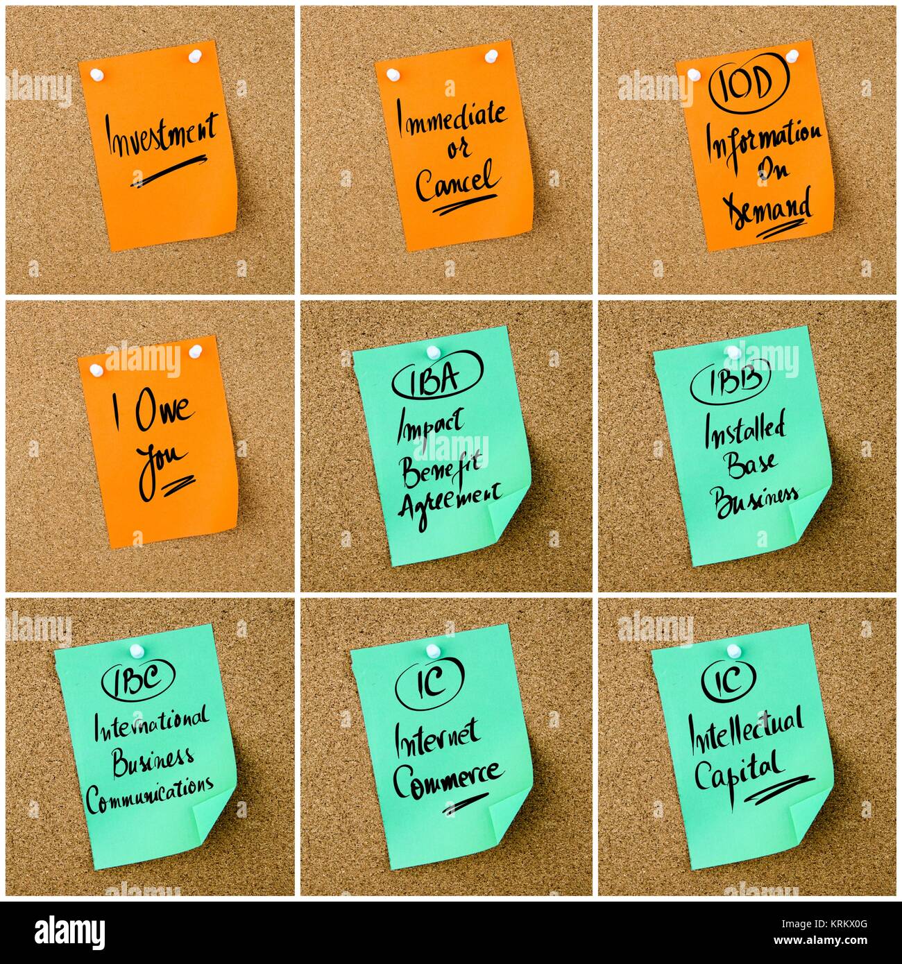 Collage di acronimi aziendali scritti sulla carta nota Foto Stock