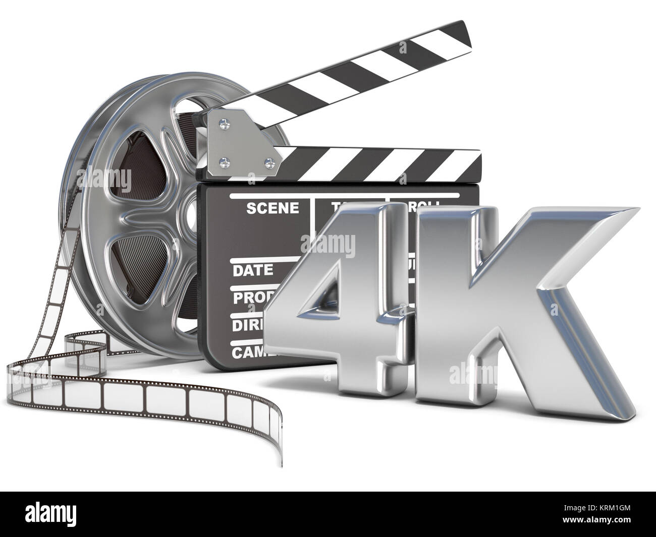 Bobine di pellicola e movie clapper board. 4K icona video. 3D Foto Stock