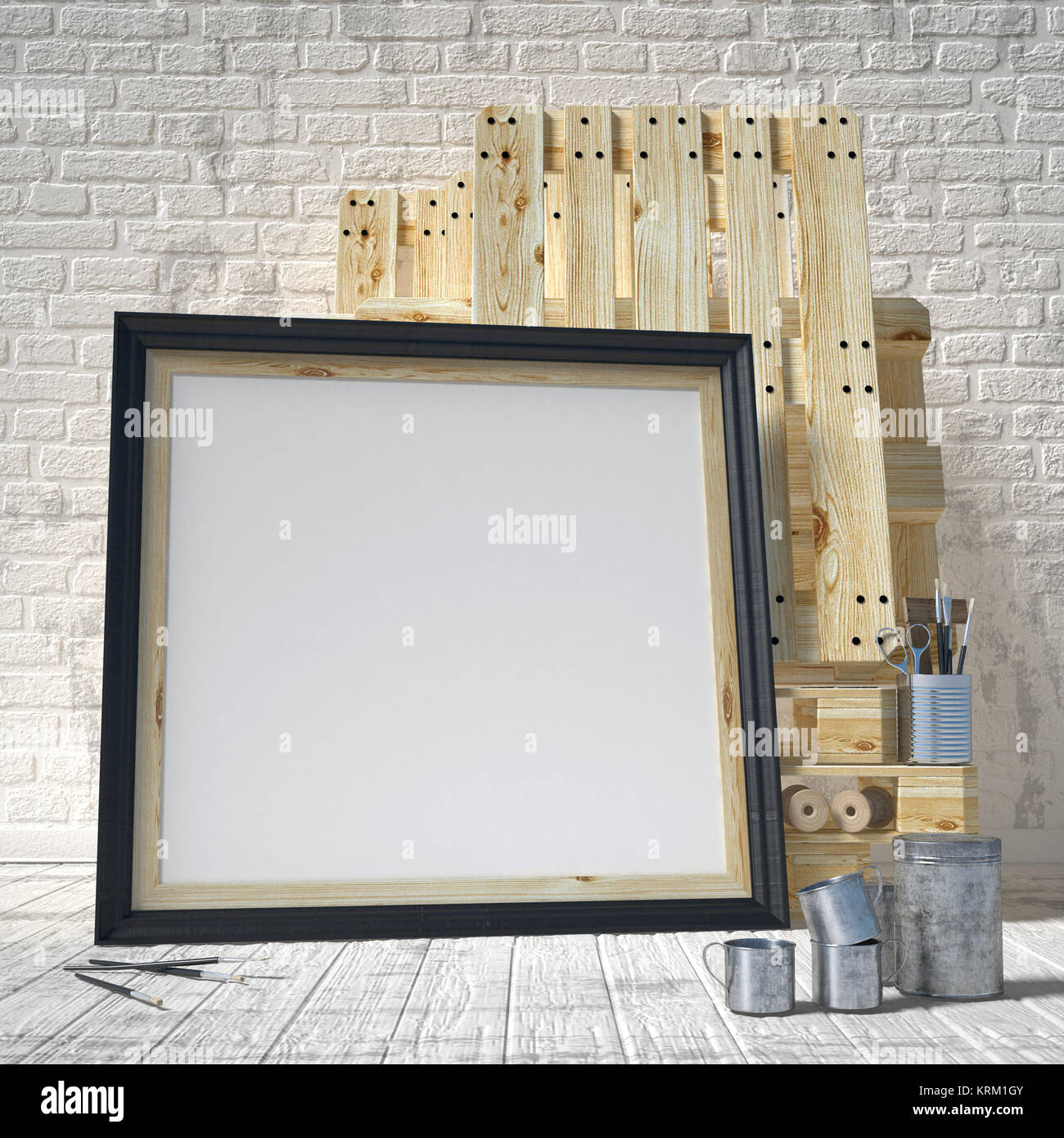 Mock up poster frame in art atelier, 3D Foto Stock