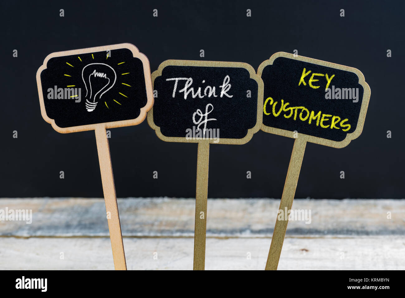 Messaggio di concetto pensate di clienti chiave e lampadina della luce come simbolo per idea Foto Stock