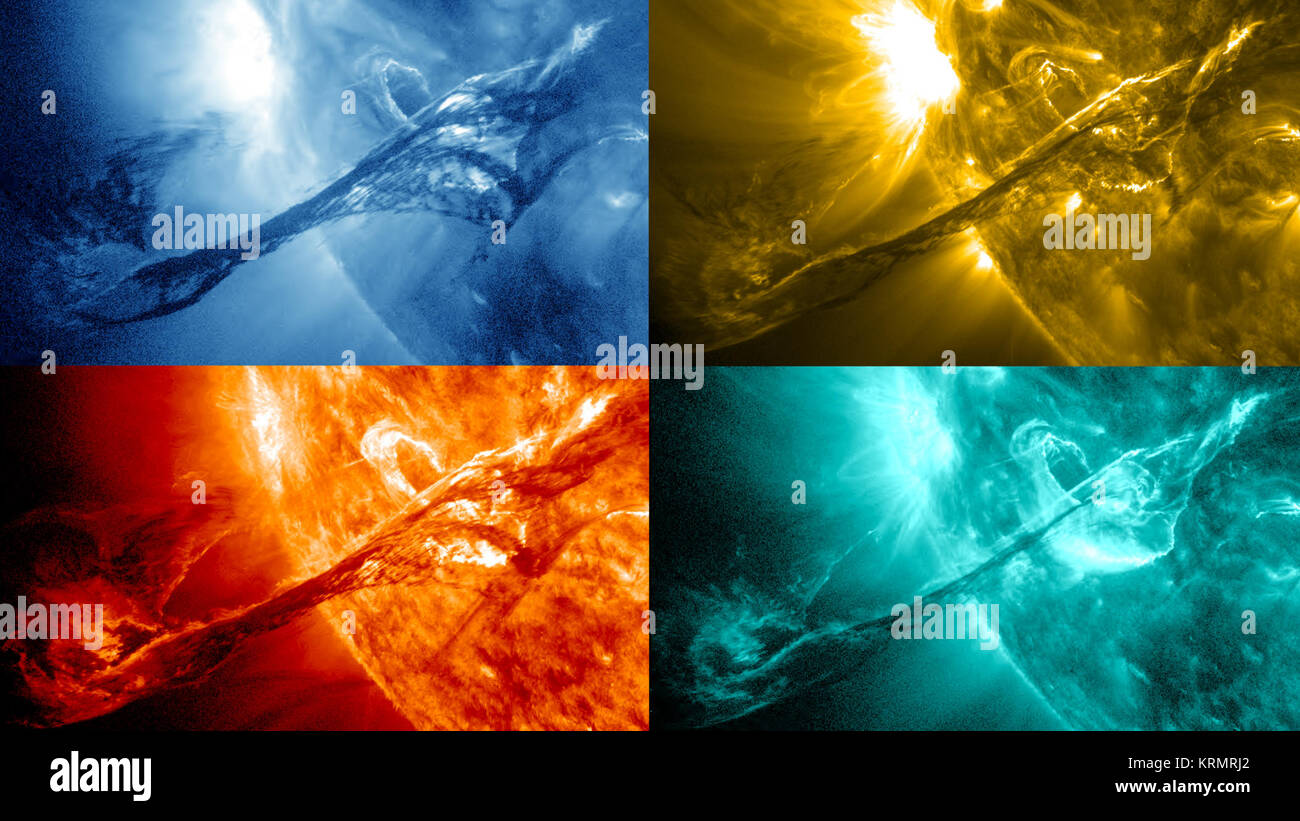 Il 31 agosto 2012 un lungo il filamento di materiale solare che era stato sospeso in sun di atmosfera, la corona, scoppiato fuori nello spazio a 4:36 p.m. EDT. Il coronale di espulsione di massa o CME, ha viaggiato a oltre 900 miglia al secondo. La CME non viaggiano direttamente verso la terra ma non collegare con la terra ambiente magnetico o la magnetosfera, causando aurora per apparire sulla notte di lunedì 3 settembre. Il 31 agosto 2012 coronale di espulsione di massa mostrato in quattro differenti estreme lunghezze d'onda ultraviolette a 19:49 UT. In senso orario da sinistra in alto le lunghezze d'onda sono: 335, 171, 131, 304 angstrom. Credi Foto Stock