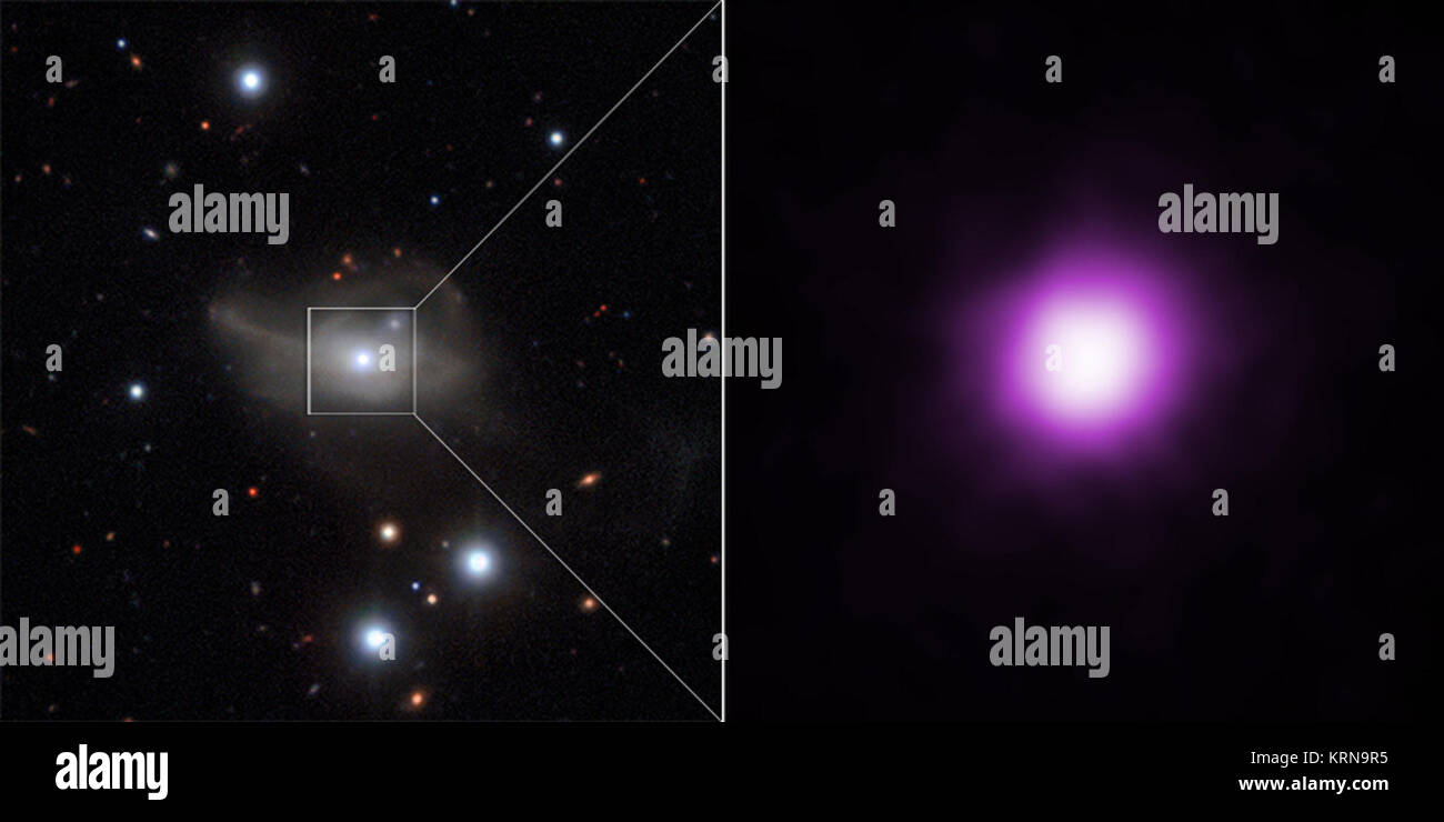 Gli astronomi possono avere risolto il mistero della peculiare comportamento volatile di un buco nero supermassiccio al centro di una galassia. Questa immagine mostra i dati di Chandra (a destra) e il più grande telescopio (sinistra) di Markarian 1018. I dati da questi e altri telescopi suggeriscono che il buco nero supermassiccio entro questa galassia non è più alimentato carburante sufficiente per rendere i suoi dintorni risplendere. Markarian 1018 Foto Stock