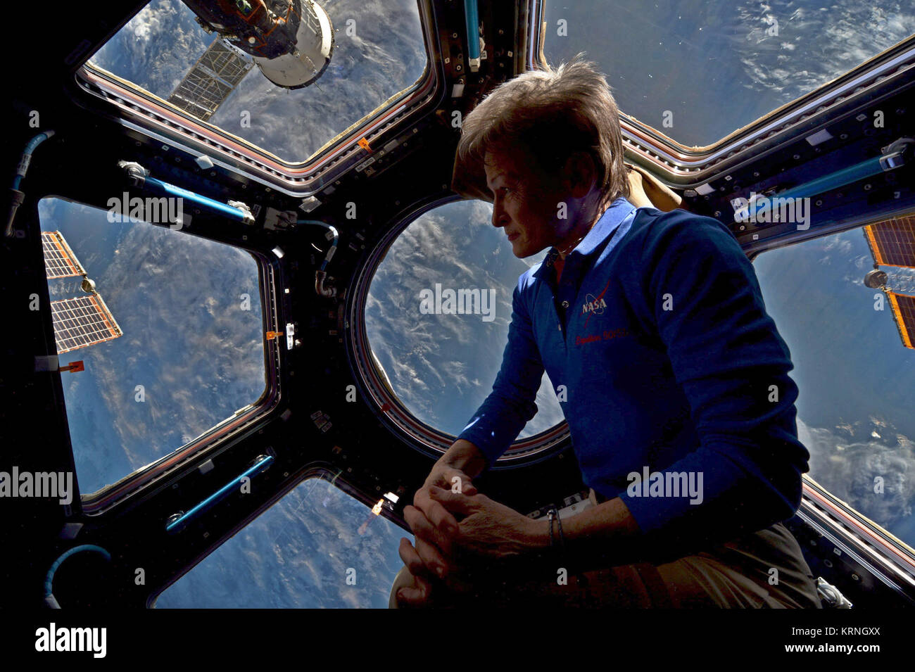 ISS-52 Peggy Whitson contempla nella Cupola Foto Stock