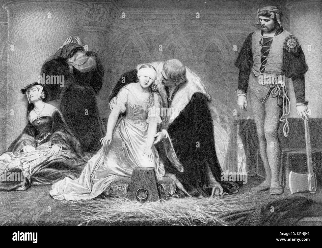 Metà tono illustrazione di Lady Jane Grey's esecuzione, 12-2-1554. Da un disegno originale in lo Storico La storia del mondo, 1908, basato su Foto Stock