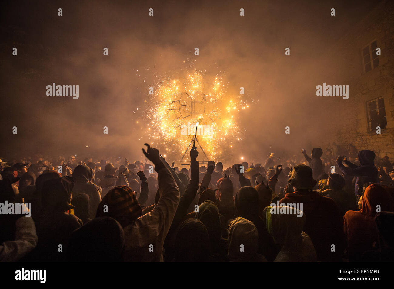 Le persone che si godono i fuochi d'artificio durante la città di Girona festival in Catalogna, nel nord della Spagna Foto Stock