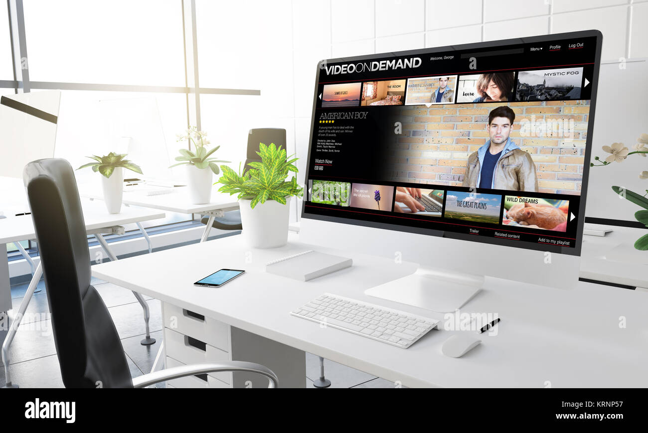 Computer con video on demand presso un ufficio moderno rendering 3D Foto Stock
