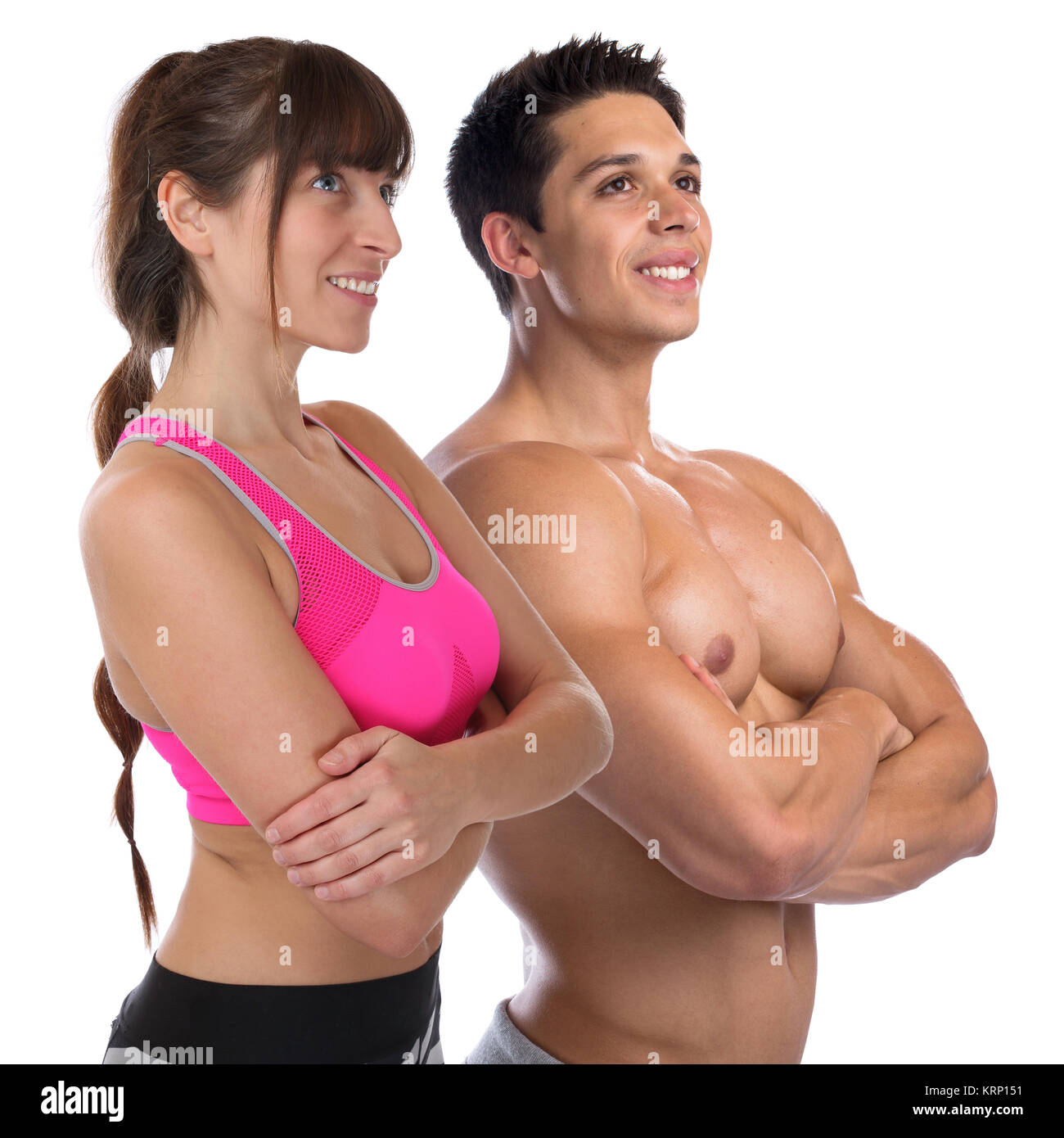 Fitness uomo donna bodybuilder bodybuilding muscoli body building hard look giovane muscolare taglio verso l'alto Foto Stock
