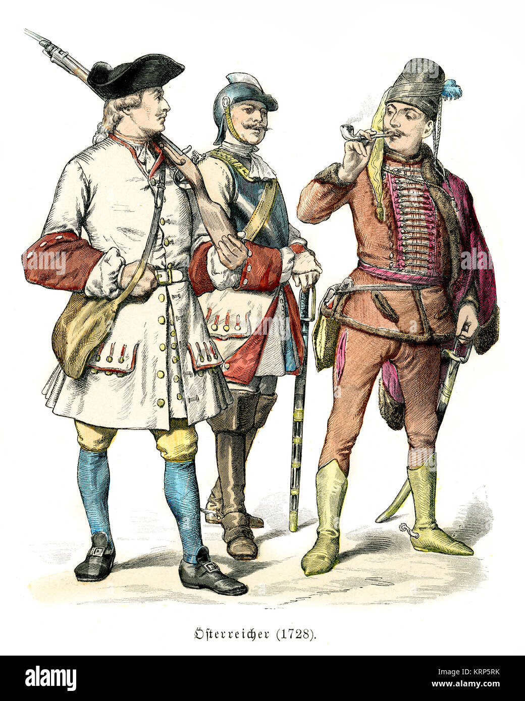 Vintage incisione di Miltary uniformi del XVIII secolo di Austria, 1728 Foto Stock