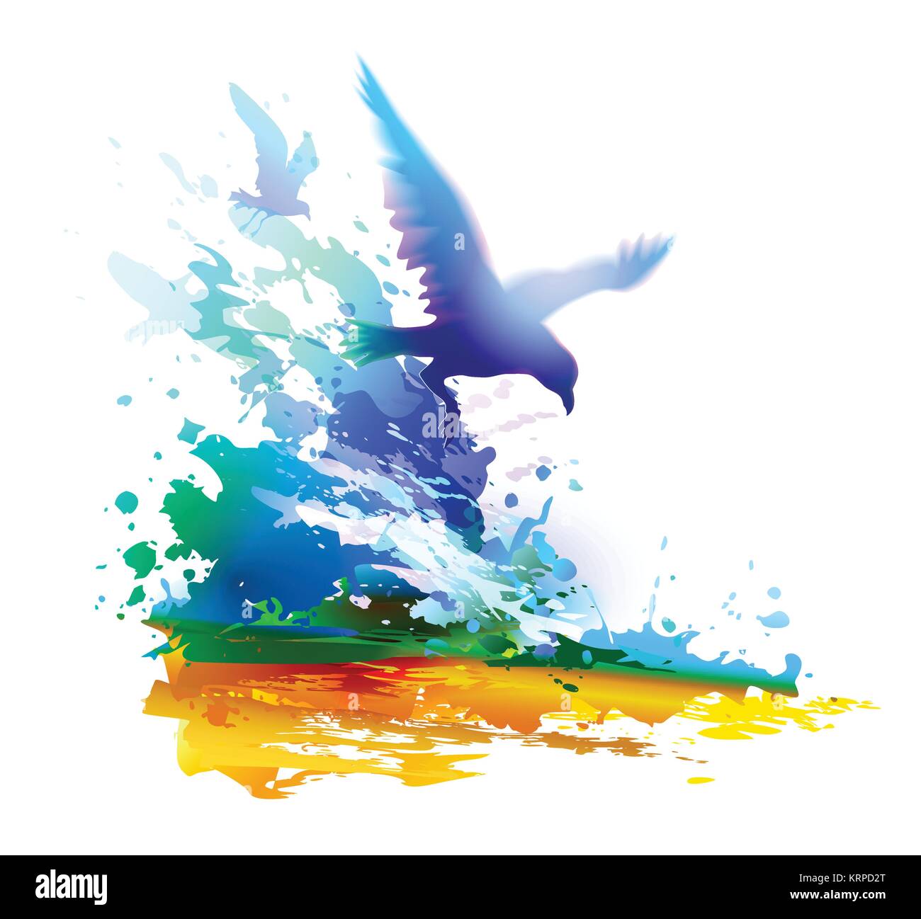 Uccelli in volo e le onde del mare. Seascape. Illustrazione Vettoriale. Acqua blu. Digital pittura ad acquerello. Illustrazione Vettoriale